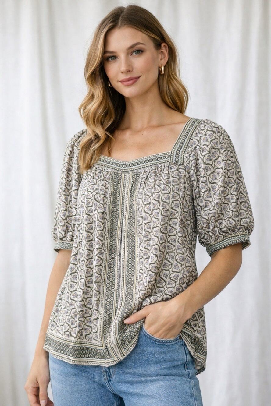 Max Studio Size S Blue Floral Print Square Neck Puff Sleeve Peasant Boho Top EUC